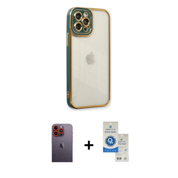 MARSİLYAN™- iPhone 12 Pro Max Kılıf Çekirdek Klasik Serisi - Şeffaf Royal Nano Ekran Koruyucu + Neon Fosforlu Kamera Lens - TU