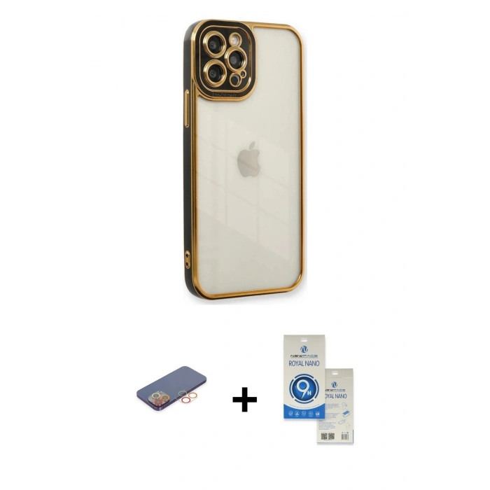 MARSİLYAN™- iPhone 12 Pro Max Kılıf Çekirdek Klasik Serisi - Şeffaf Royal Nano Ekran Koruyucu + Renkli Kamera Lens Koruma Cam - TU