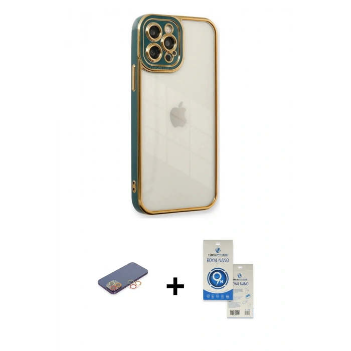 MARSİLYAN™- iPhone 12 Pro Max Kılıf Çekirdek Klasik Serisi - Şeffaf Royal Nano Ekran Koruyucu + Renkli Kamera Lens Koruma Cam - TU