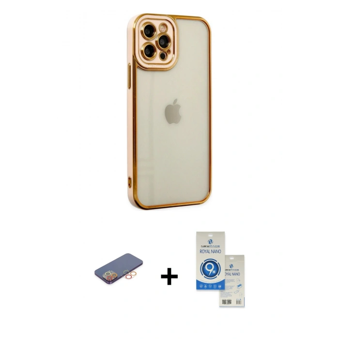 MARSİLYAN™- iPhone 12 Pro Max Kılıf Çekirdek Klasik Serisi - Şeffaf Royal Nano Ekran Koruyucu + Renkli Kamera Lens Koruma Cam - TU