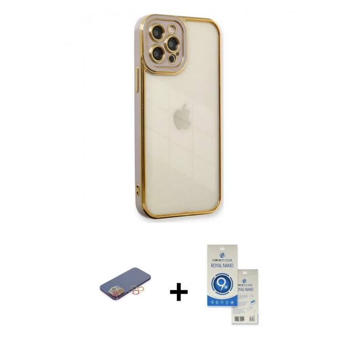 MARSİLYAN™- iPhone 12 Pro Max Kılıf Çekirdek Klasik Serisi - Şeffaf Royal Nano Ekran Koruyucu + Renkli Kamera Lens Koruma Cam - TU