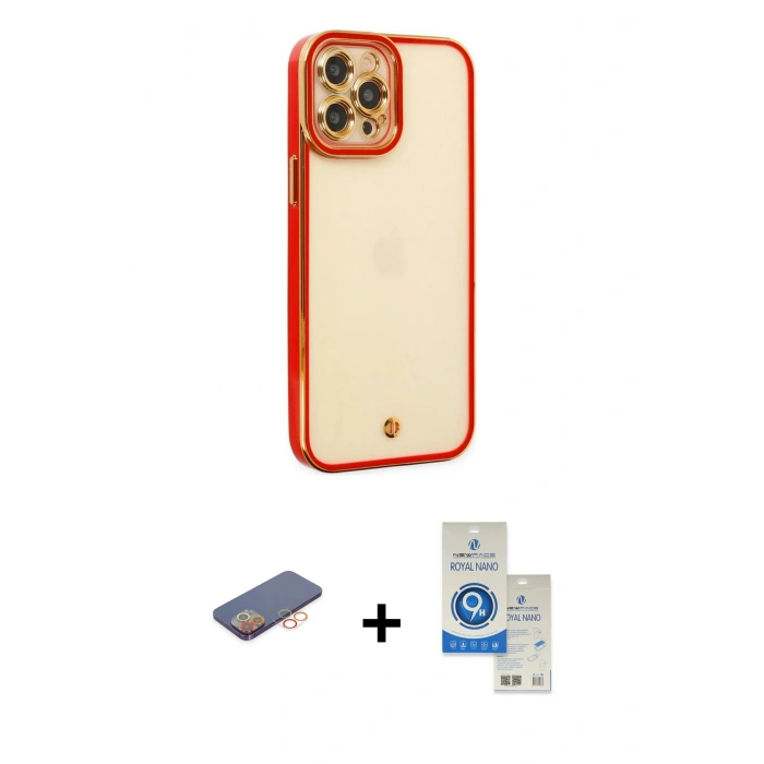 MARSİLYAN™- iPhone 12 Pro Max Kılıf Çekirdek Klasik Serisi - Şeffaf Royal Nano Ekran Koruyucu + Renkli Kamera Lens Koruma Cam - TU