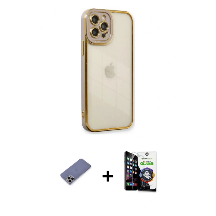 MARSİLYAN™- iPhone 12 Pro Max Kılıf Çekirdek Klasik Serisi - Şeffaf Temperli Cam Ekran Koruyucu + Metal Kamera Lens Koruma Cam - GD