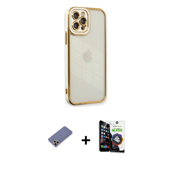 MARSİLYAN™- iPhone 12 Pro Max Kılıf Çekirdek Klasik Serisi - Şeffaf Temperli Cam Ekran Koruyucu + Metal Kamera Lens Koruma Cam - GD