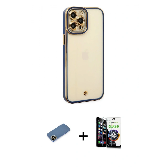 MARSİLYAN™- iPhone 12 Pro Max Kılıf Çekirdek Klasik Serisi - Şeffaf Temperli Cam Ekran Koruyucu + Shine Kamera Lens Koruma Cam - GD