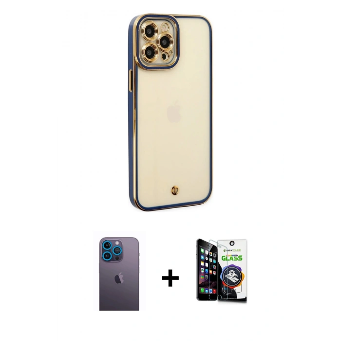 MARSİLYAN™- iPhone 12 Pro Max Kılıf Çekirdek Klasik Serisi - Şeffaf Temperli Cam Ekran Koruyucu + Neon Fosforlu Kamera Lens - MI