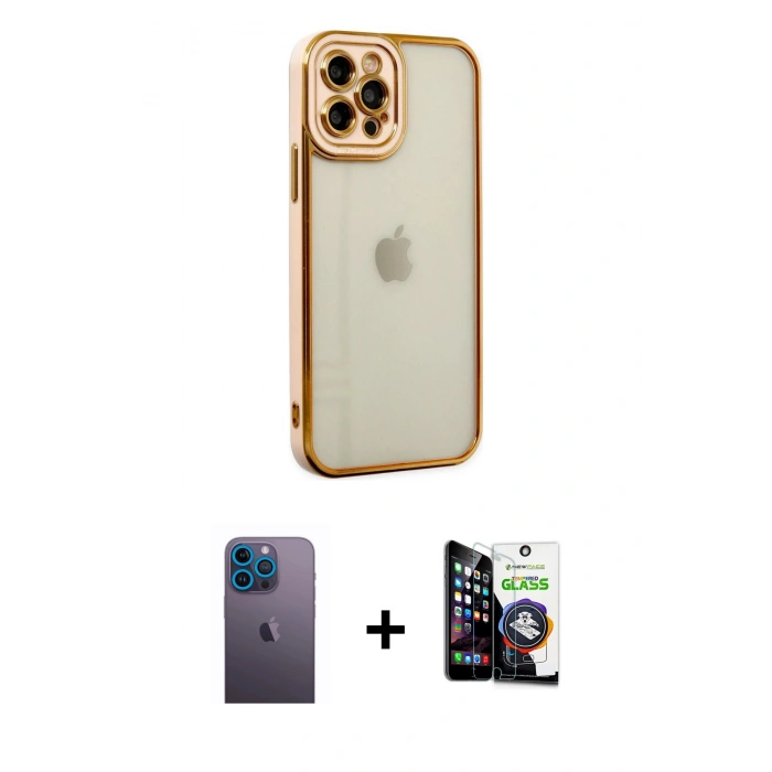MARSİLYAN™- iPhone 12 Pro Max Kılıf Çekirdek Klasik Serisi - Şeffaf Temperli Cam Ekran Koruyucu + Neon Fosforlu Kamera Lens - MI