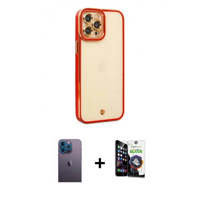 MARSİLYAN™- iPhone 12 Pro Max Kılıf Çekirdek Klasik Serisi - Şeffaf Temperli Cam Ekran Koruyucu + Neon Fosforlu Kamera Lens - MI