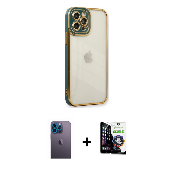 MARSİLYAN™- iPhone 12 Pro Max Kılıf Çekirdek Klasik Serisi - Şeffaf Temperli Cam Ekran Koruyucu + Neon Fosforlu Kamera Lens - MI