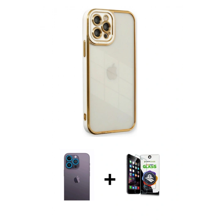 MARSİLYAN™- iPhone 12 Pro Max Kılıf Çekirdek Klasik Serisi - Şeffaf Temperli Cam Ekran Koruyucu + Neon Fosforlu Kamera Lens - MI
