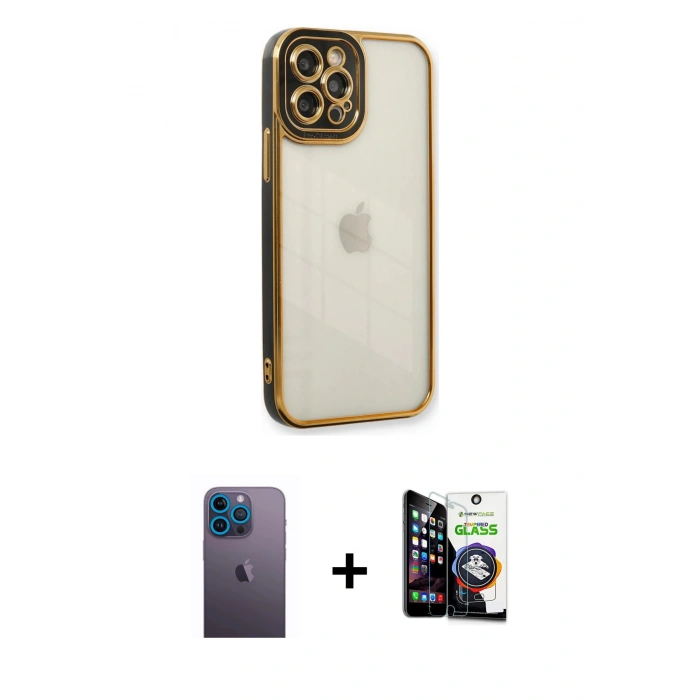 MARSİLYAN™- iPhone 12 Pro Max Kılıf Çekirdek Klasik Serisi - Şeffaf Temperli Cam Ekran Koruyucu + Neon Fosforlu Kamera Lens - MI
