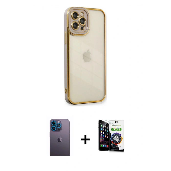 MARSİLYAN™- iPhone 12 Pro Max Kılıf Çekirdek Klasik Serisi - Şeffaf Temperli Cam Ekran Koruyucu + Neon Fosforlu Kamera Lens - MI