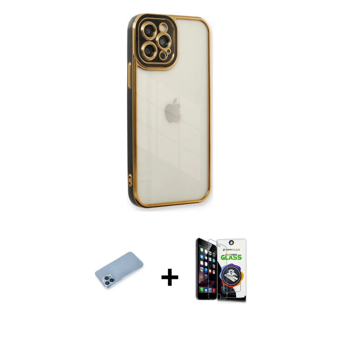 MARSİLYAN™- iPhone 12 Pro Max Kılıf Çekirdek Klasik Serisi - Şeffaf Temperli Cam Ekran Koruyucu + Mavi Shine Kamera Lens Koruma Cam