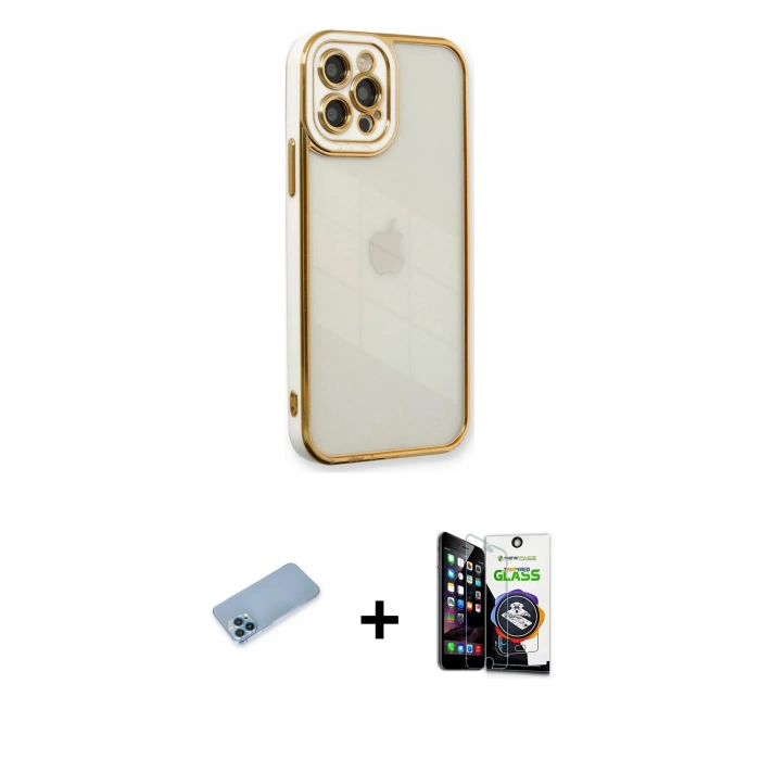 MARSİLYAN™- iPhone 12 Pro Max Kılıf Çekirdek Klasik Serisi - Şeffaf Temperli Cam Ekran Koruyucu + Mavi Shine Kamera Lens Koruma Cam
