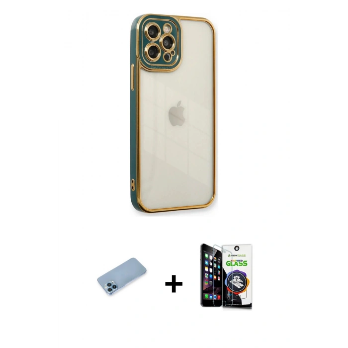 MARSİLYAN™- iPhone 12 Pro Max Kılıf Çekirdek Klasik Serisi - Şeffaf Temperli Cam Ekran Koruyucu + Mavi Shine Kamera Lens Koruma Cam