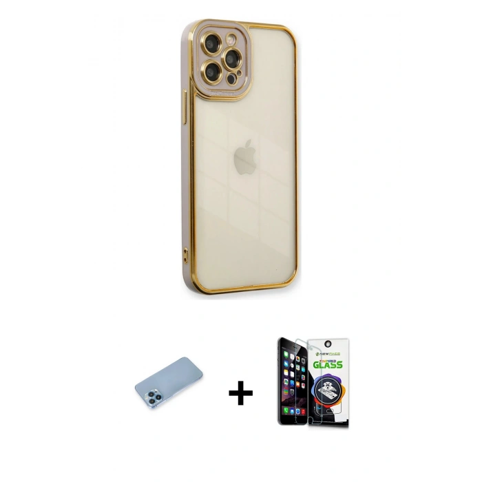 MARSİLYAN™- iPhone 12 Pro Max Kılıf Çekirdek Klasik Serisi - Şeffaf Temperli Cam Ekran Koruyucu + Mavi Shine Kamera Lens Koruma Cam