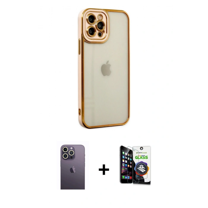 MARSİLYAN™- iPhone 12 Pro Max Kılıf Çekirdek Klasik Serisi - Şeffaf Temperli Cam Ekran Koruyucu + Neon Fosforlu Kamera Lens - BZ