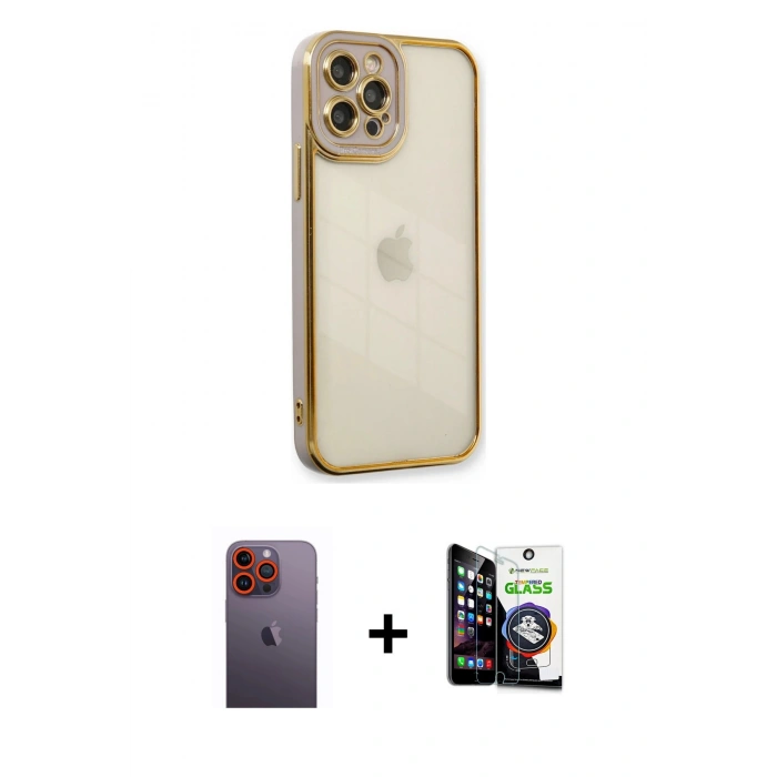 MARSİLYAN™- iPhone 12 Pro Max Kılıf Çekirdek Klasik Serisi - Şeffaf Temperli Cam Ekran Koruyucu + Neon Fosforlu Kamera Lens - TU