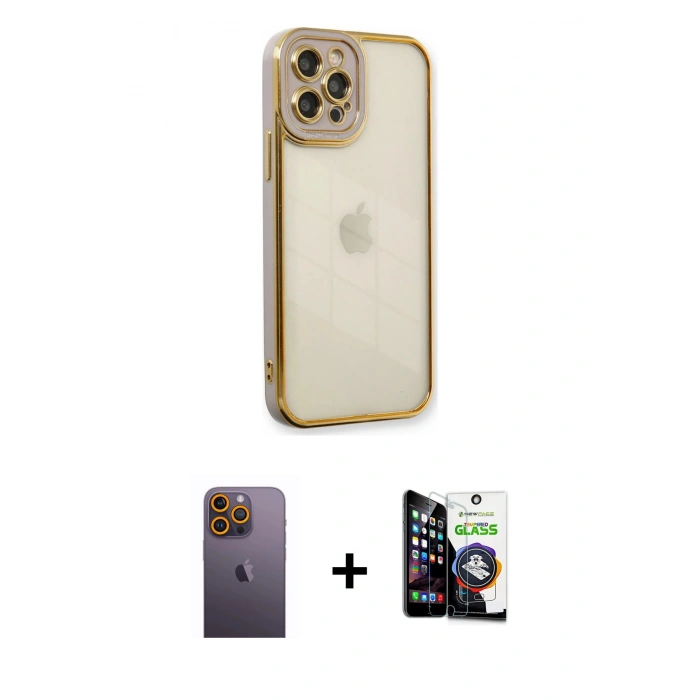 MARSİLYAN™- iPhone 12 Pro Max Kılıf Çekirdek Klasik Serisi - Şeffaf Temperli Cam Ekran Koruyucu + Neon Fosforlu Kamera Lens - SI
