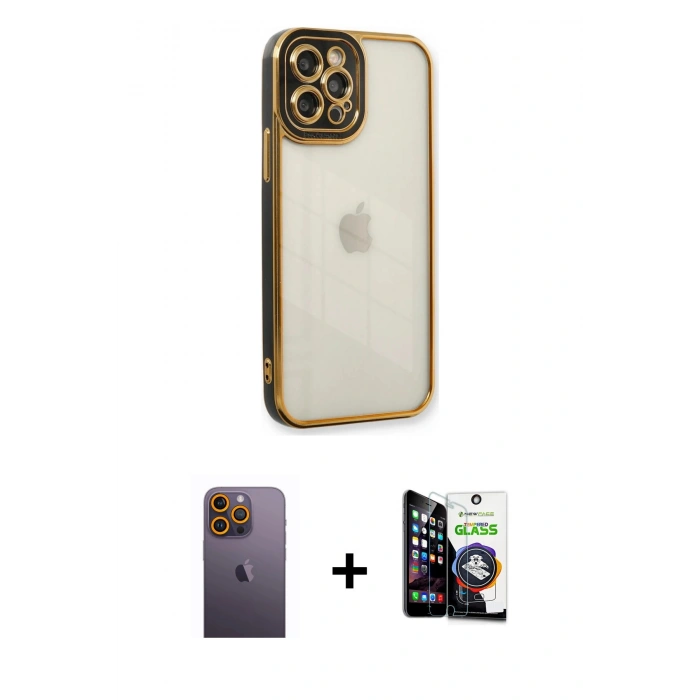 MARSİLYAN™- iPhone 12 Pro Max Kılıf Çekirdek Klasik Serisi - Şeffaf Temperli Cam Ekran Koruyucu + Neon Fosforlu Kamera Lens - SI
