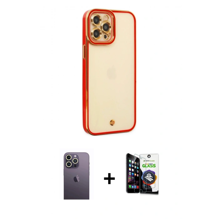 MARSİLYAN™- iPhone 12 Pro Max Kılıf Çekirdek Klasik Serisi - Şeffaf Temperli Cam Ekran Koruyucu + Neon Fosforlu Kamera Lens - BZ