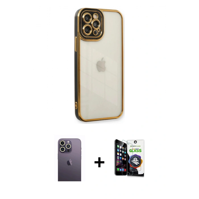 MARSİLYAN™- iPhone 12 Pro Max Kılıf Çekirdek Klasik Serisi - Şeffaf Temperli Cam Ekran Koruyucu + Neon Fosforlu Kamera Lens - BZ