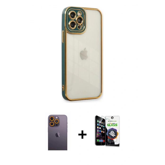 MARSİLYAN™- iPhone 12 Pro Max Kılıf Çekirdek Klasik Serisi - Şeffaf Temperli Cam Ekran Koruyucu + Neon Fosforlu Kamera Lens - SI