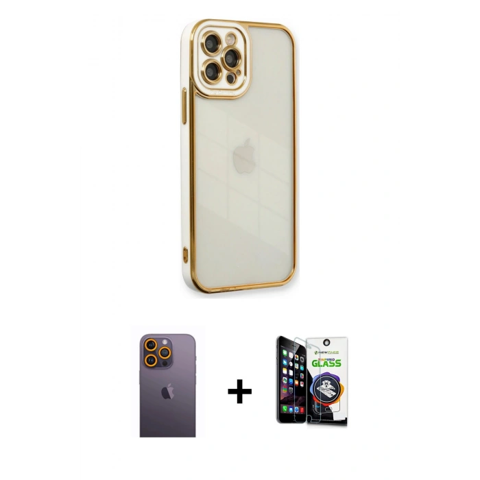 MARSİLYAN™- iPhone 12 Pro Max Kılıf Çekirdek Klasik Serisi - Şeffaf Temperli Cam Ekran Koruyucu + Neon Fosforlu Kamera Lens - SI