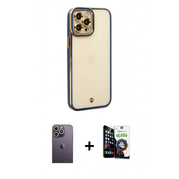 MARSİLYAN™- iPhone 12 Pro Max Kılıf Çekirdek Klasik Serisi - Şeffaf Temperli Cam Ekran Koruyucu + Neon Fosforlu Kamera Lens - BZ