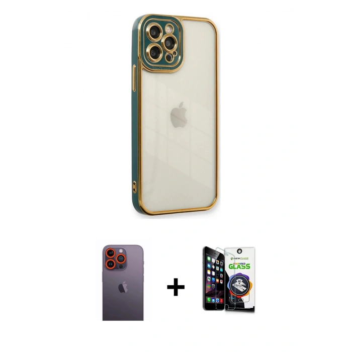 MARSİLYAN™- iPhone 12 Pro Max Kılıf Çekirdek Klasik Serisi - Şeffaf Temperli Cam Ekran Koruyucu + Neon Fosforlu Kamera Lens - TU
