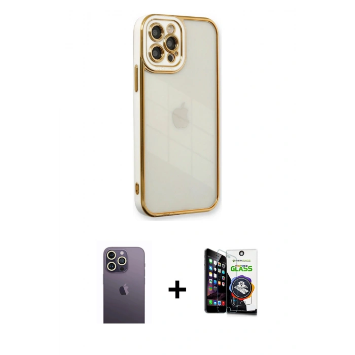 MARSİLYAN™- iPhone 12 Pro Max Kılıf Çekirdek Klasik Serisi - Şeffaf Temperli Cam Ekran Koruyucu + Neon Fosforlu Kamera Lens - BZ