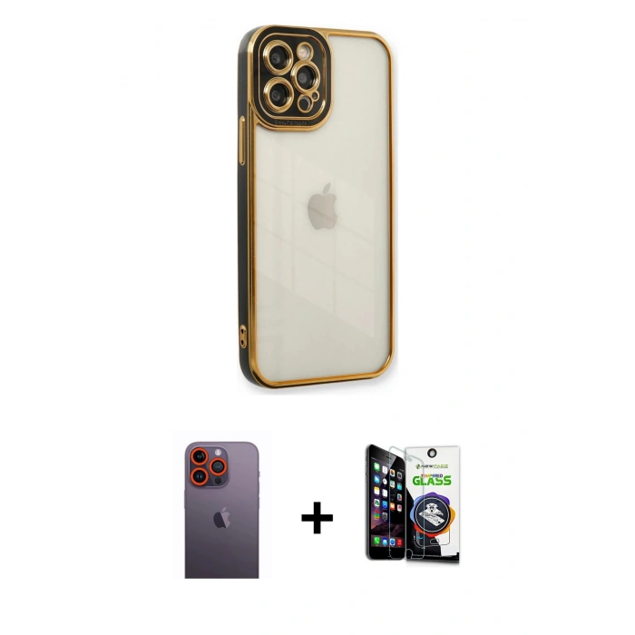MARSİLYAN™- iPhone 12 Pro Max Kılıf Çekirdek Klasik Serisi - Şeffaf Temperli Cam Ekran Koruyucu + Neon Fosforlu Kamera Lens - TU