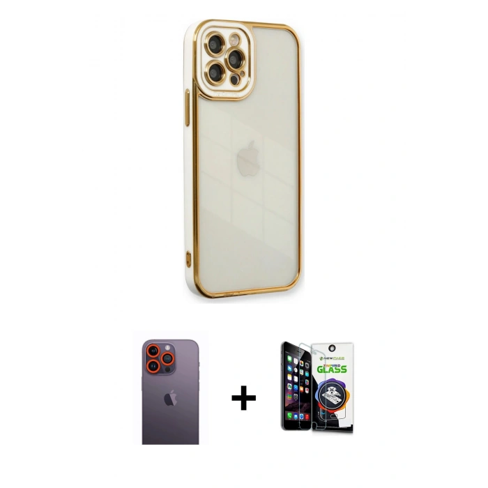 MARSİLYAN™- iPhone 12 Pro Max Kılıf Çekirdek Klasik Serisi - Şeffaf Temperli Cam Ekran Koruyucu + Neon Fosforlu Kamera Lens - TU