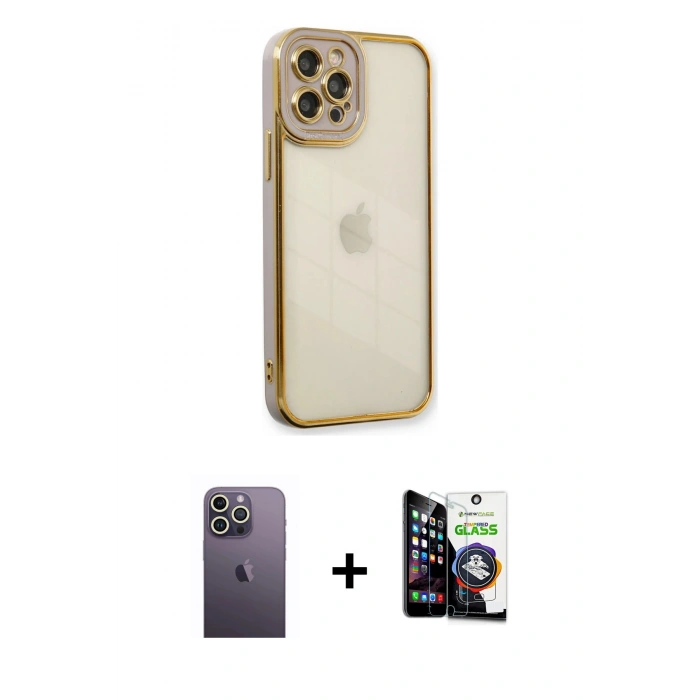 MARSİLYAN™- iPhone 12 Pro Max Kılıf Çekirdek Klasik Serisi - Şeffaf Temperli Cam Ekran Koruyucu + Neon Fosforlu Kamera Lens - BZ