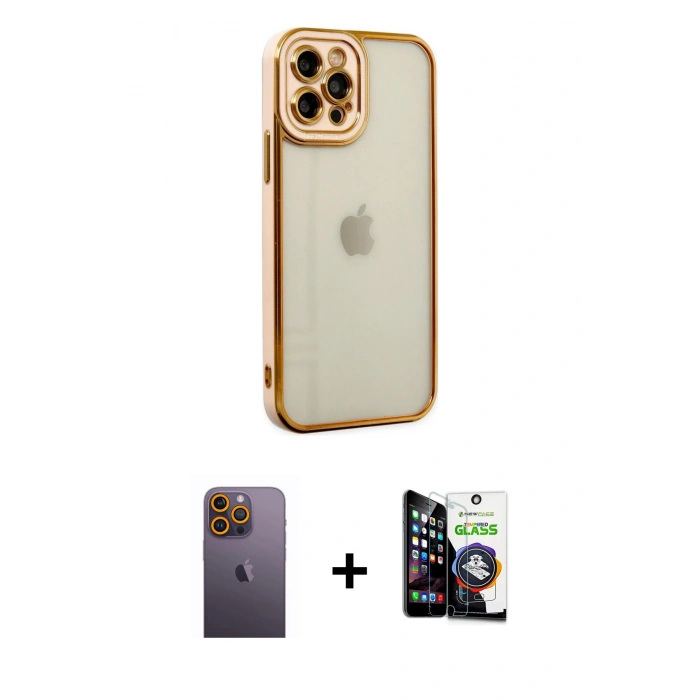 MARSİLYAN™- iPhone 12 Pro Max Kılıf Çekirdek Klasik Serisi - Şeffaf Temperli Cam Ekran Koruyucu + Neon Fosforlu Kamera Lens - SI