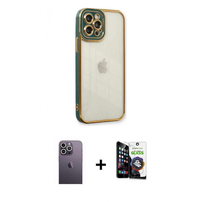 MARSİLYAN™- iPhone 12 Pro Max Kılıf Çekirdek Klasik Serisi - Şeffaf Temperli Cam Ekran Koruyucu + Neon Fosforlu Kamera Lens - BZ