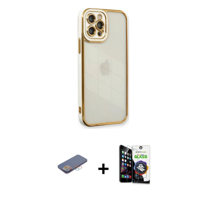 MARSİLYAN™- iPhone 12 Pro Max Kılıf Çekirdek Klasik Serisi - Şeffaf Temperli Cam Ekran Koruyucu + Renkli Kamera Lens Koruma Cam - PE