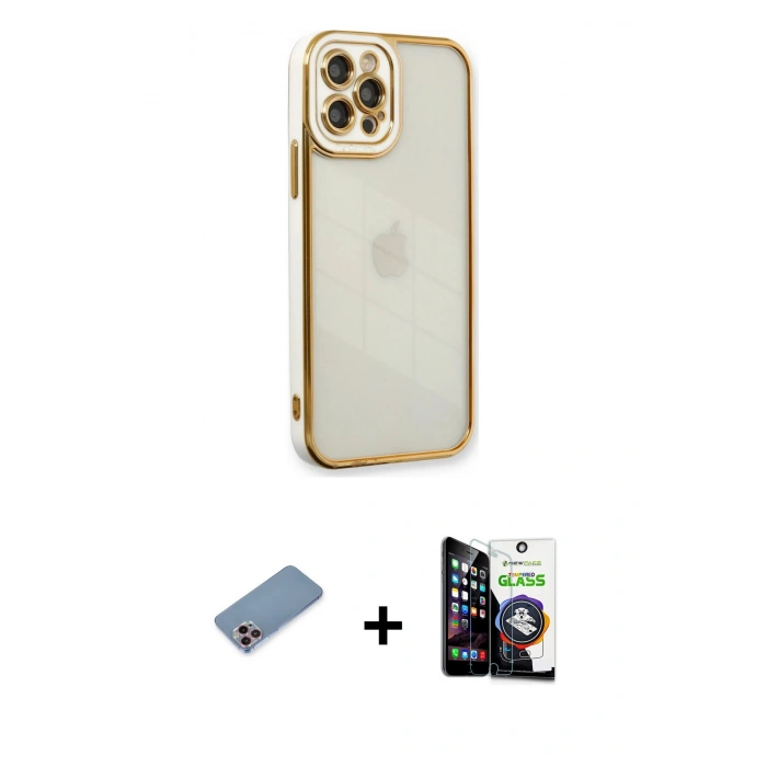 MARSİLYAN™- iPhone 12 Pro Max Kılıf Çekirdek Klasik Serisi - Şeffaf Temperli Cam Ekran Koruyucu + Shine Kamera Lens Koruma Cam - PE