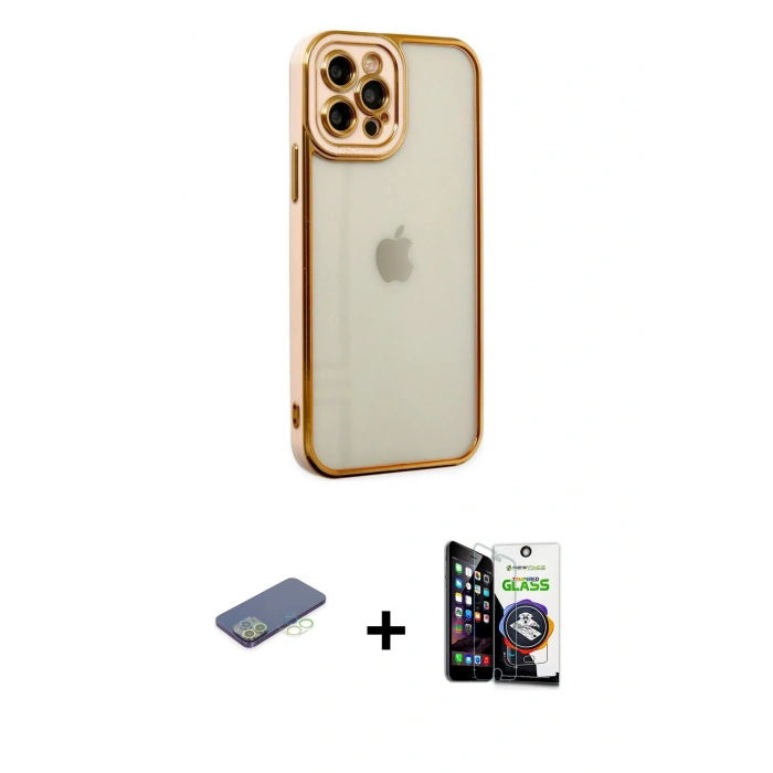 MARSİLYAN™- iPhone 12 Pro Max Kılıf Çekirdek Klasik Serisi - Şeffaf Temperli Cam Ekran Koruyucu + Renkli Kamera Lens Koruma Cam - YL