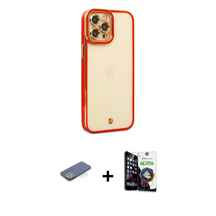 MARSİLYAN™- iPhone 12 Pro Max Kılıf Çekirdek Klasik Serisi - Şeffaf Temperli Cam Ekran Koruyucu + Renkli Kamera Lens Koruma Cam - YL