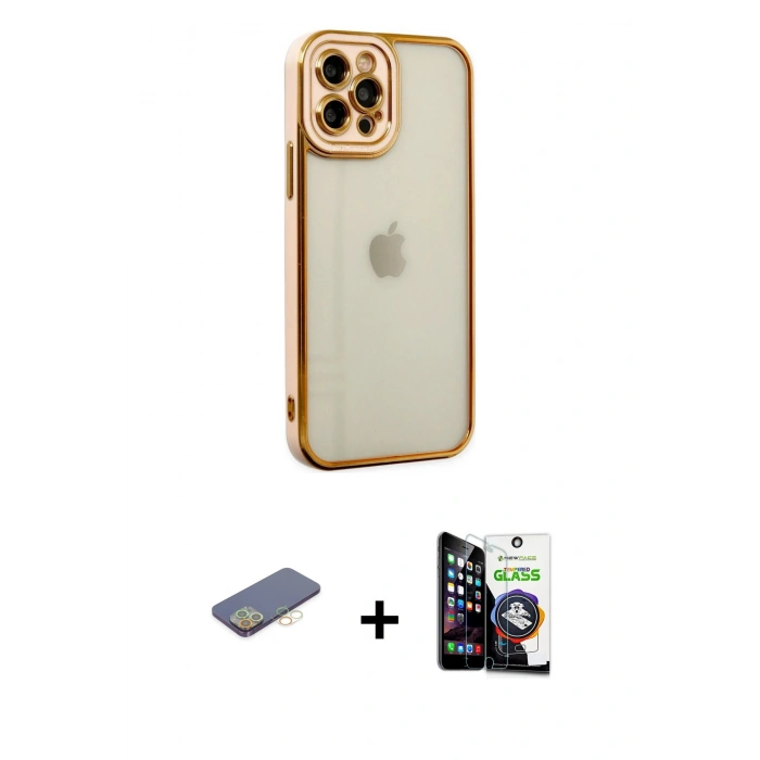 MARSİLYAN™- iPhone 12 Pro Max Kılıf Çekirdek Klasik Serisi - Şeffaf Temperli Cam Ekran Koruyucu + Renkli Kamera Lens Koruma Cam - SI