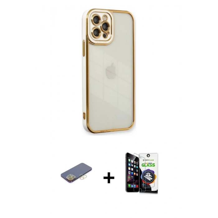 MARSİLYAN™- iPhone 12 Pro Max Kılıf Çekirdek Klasik Serisi - Şeffaf Temperli Cam Ekran Koruyucu + Renkli Kamera Lens Koruma Cam - SI