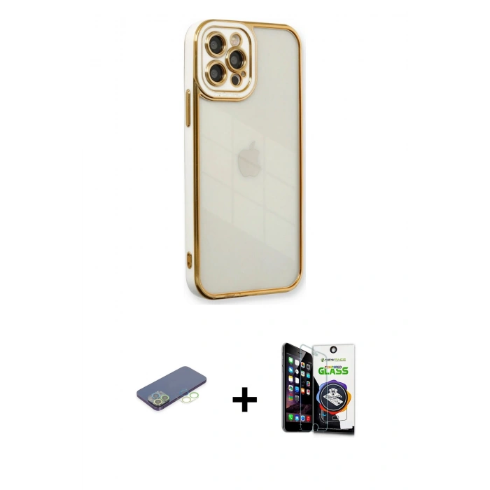 MARSİLYAN™- iPhone 12 Pro Max Kılıf Çekirdek Klasik Serisi - Şeffaf Temperli Cam Ekran Koruyucu + Renkli Kamera Lens Koruma Cam - YL