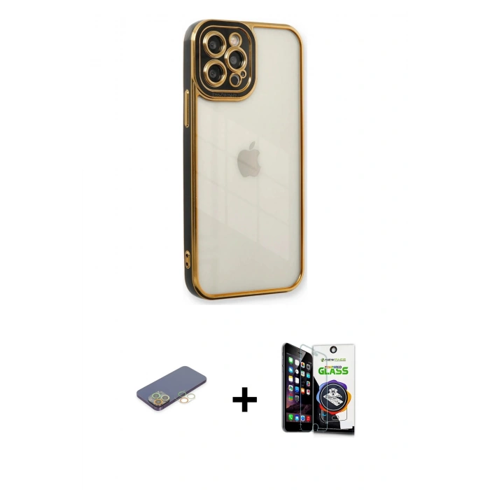MARSİLYAN™- iPhone 12 Pro Max Kılıf Çekirdek Klasik Serisi - Şeffaf Temperli Cam Ekran Koruyucu + Renkli Kamera Lens Koruma Cam - SI