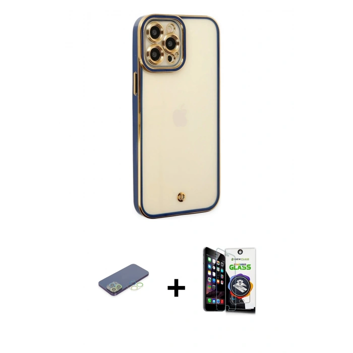 MARSİLYAN™- iPhone 12 Pro Max Kılıf Çekirdek Klasik Serisi - Şeffaf Temperli Cam Ekran Koruyucu + Renkli Kamera Lens Koruma Cam - YL
