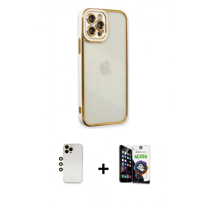MARSİLYAN™- iPhone 12 Pro Max Kılıf Çekirdek Klasik Serisi - Şeffaf Temperli Cam Ekran Koruyucu + Shine Kamera Lens - GD
