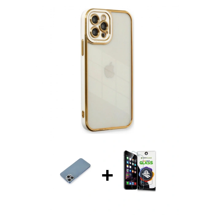 MARSİLYAN™- iPhone 12 Pro Max Kılıf Çekirdek Klasik Serisi - Şeffaf Temperli Cam Ekran Koruyucu + Shine Kamera Lens Koruma Cam - GI