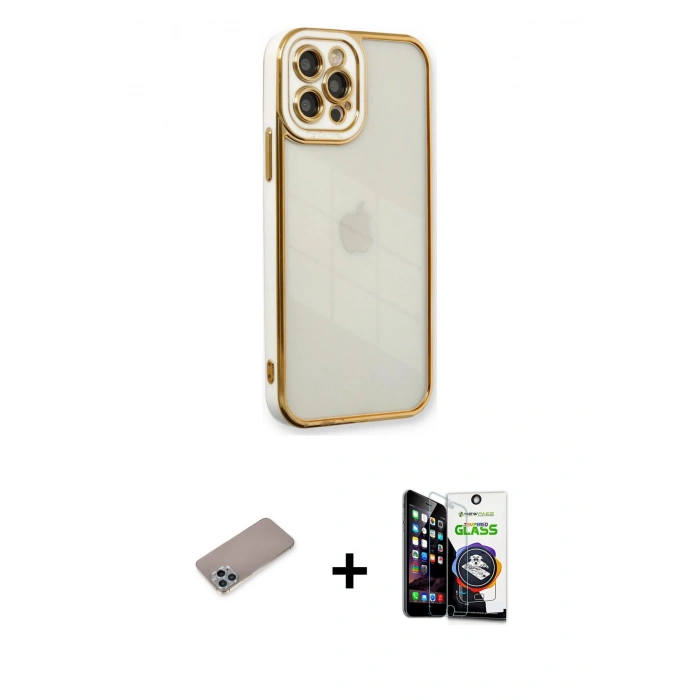 MARSİLYAN™- iPhone 12 Pro Max Kılıf Çekirdek Klasik Serisi - Şeffaf Temperli Cam Ekran Koruyucu + Shine Kamera Lens Koruma Cam - SABE