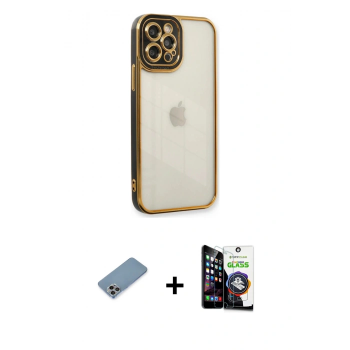 MARSİLYAN™- iPhone 12 Pro Max Kılıf Çekirdek Klasik Serisi - Şeffaf Temperli Cam Ekran Koruyucu + Shine Kamera Lens Koruma Cam - GI