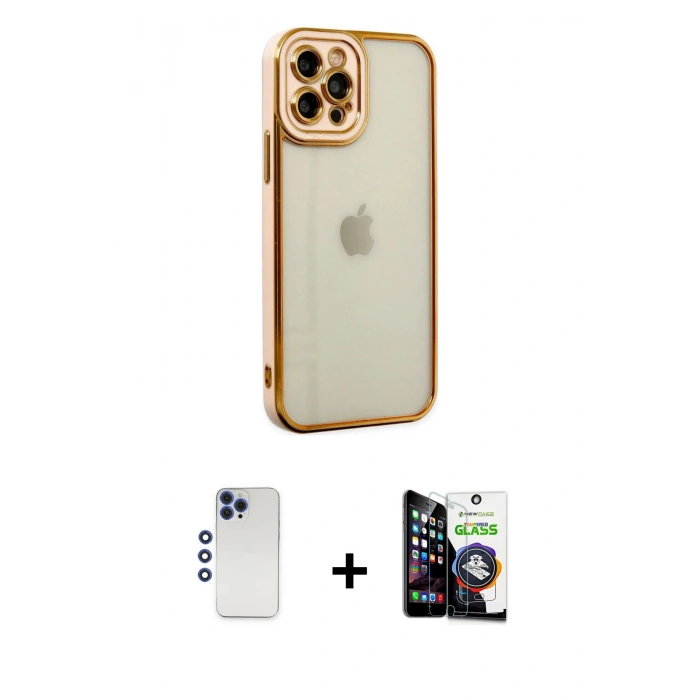 MARSİLYAN™- iPhone 12 Pro Max Kılıf Çekirdek Klasik Serisi - Şeffaf Temperli Cam Ekran Koruyucu + Shine Kamera Lens - LT